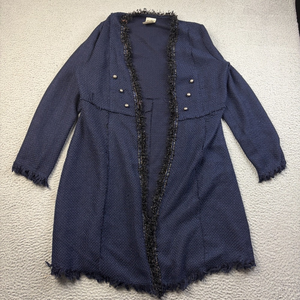 Vocal Women's Open Front Tweed Fringe Duster Cardigan Long Jacket Blue FITS M